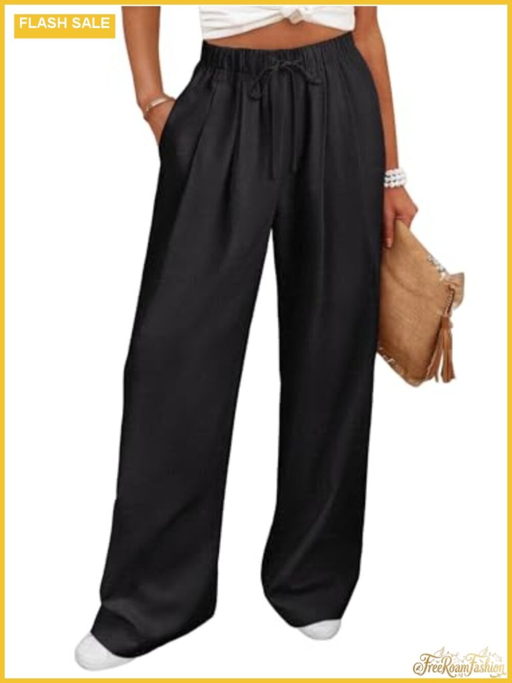 Womens Linen Wide Leg Palazzo Pants Cotton Rayon Blend Drawstring Pockets